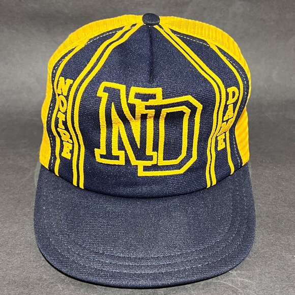 Vtg Notre Dame Snapback Hat Park Ave Fighting Irish Blue Trucker Mesh USA Mens